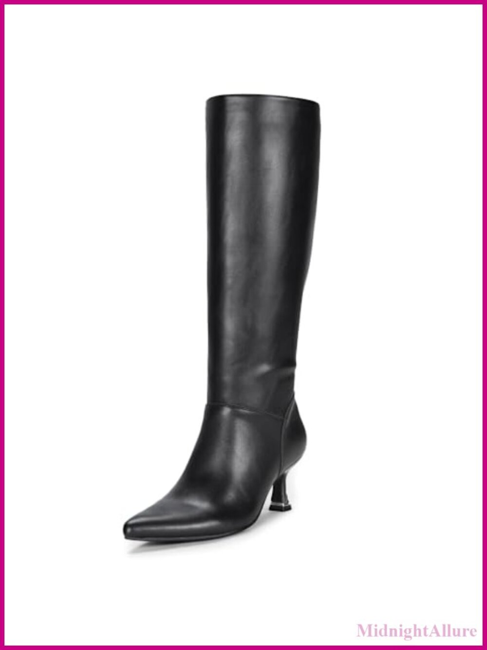 Pointed Toe Kitten Heel Knee High Dress Boots Faux Leather Zip